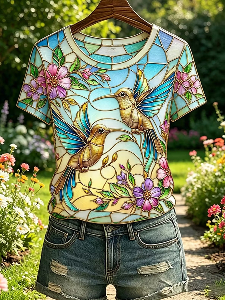 Women's Floral Hummingbird Print Casual Tee