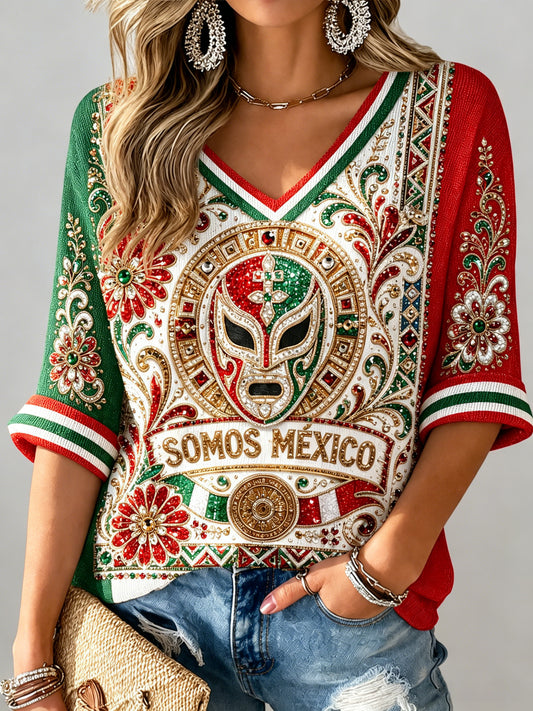 Women's Mexican Football Match Cheering Art Print V-Neck Top