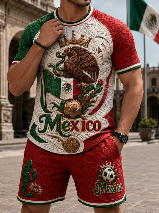 Men's Mexican Football Match Cheer Art Print T-Shirt Set