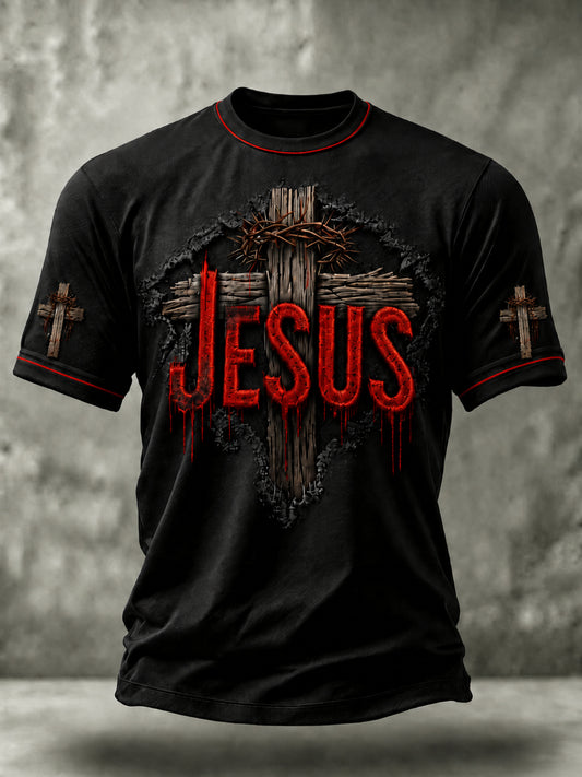 Men's Christian Jesus Cross Print Short Sleeve  T-shirt