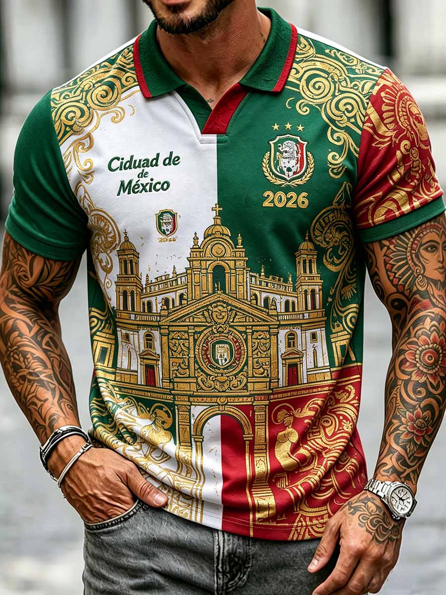 Men's Mexican Football Print Casual Polo Shirt