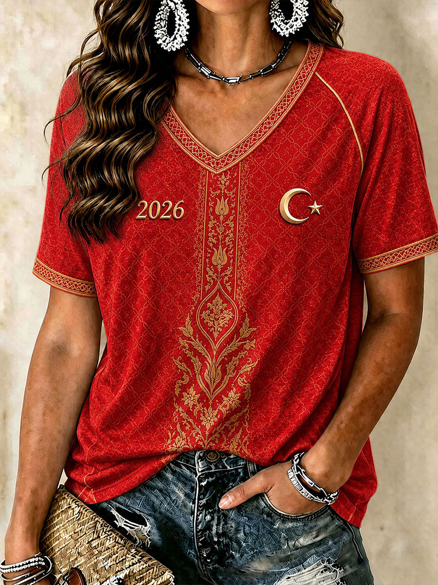 Women's Turkey 2026 Football V-neck off-shoulder short-sleeved T-shirt