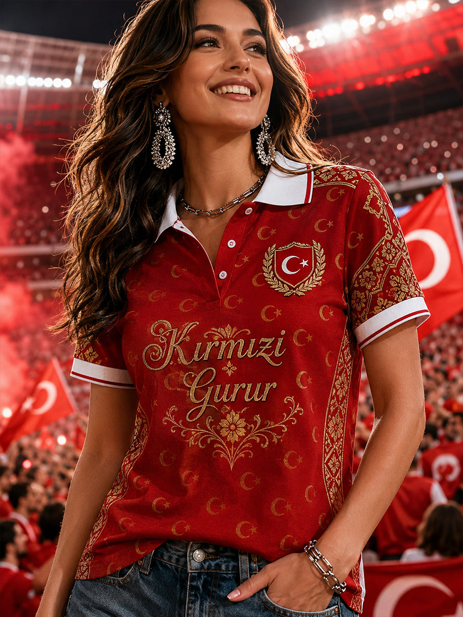 Women's Short-Sleeved Polo Shirt With Football Print