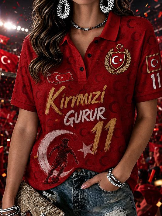 Women's Short-Sleeved Polo Shirt With Football Print