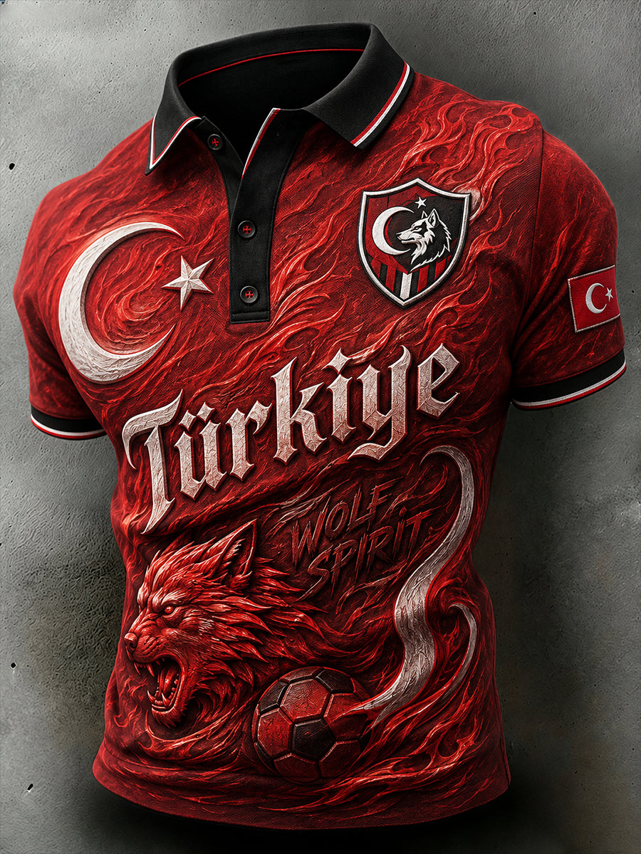 Men's Short-Sleeved Polo Shirt With Football Print