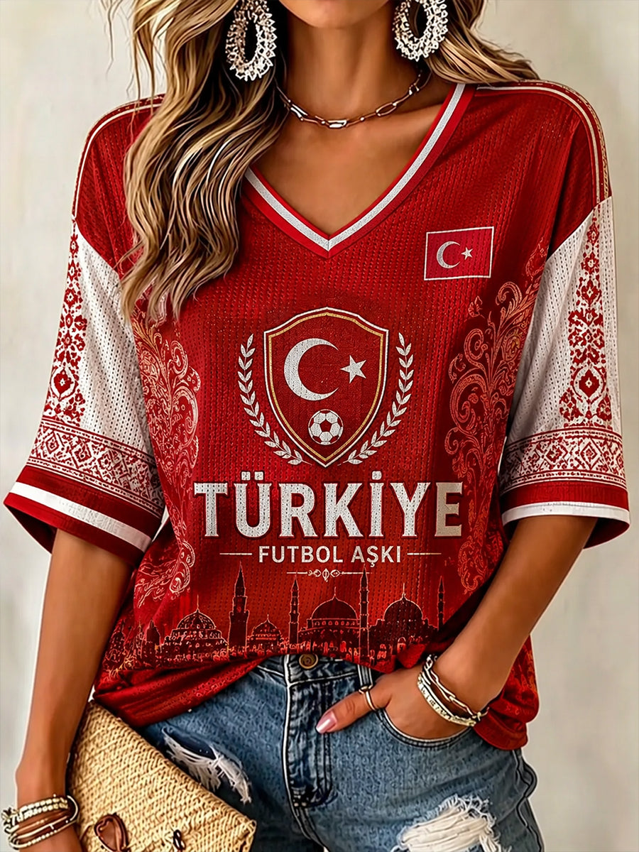 Women's Ethnic Style Football Print V-Neck Top