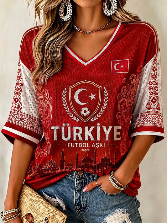Women's Ethnic Style Football Print V-Neck Top