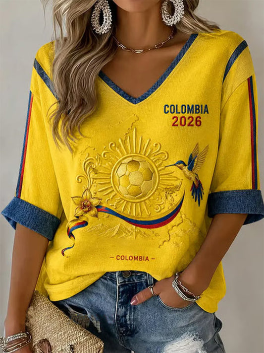 Women's Colombian Football Style Casual Waffle T-shirt