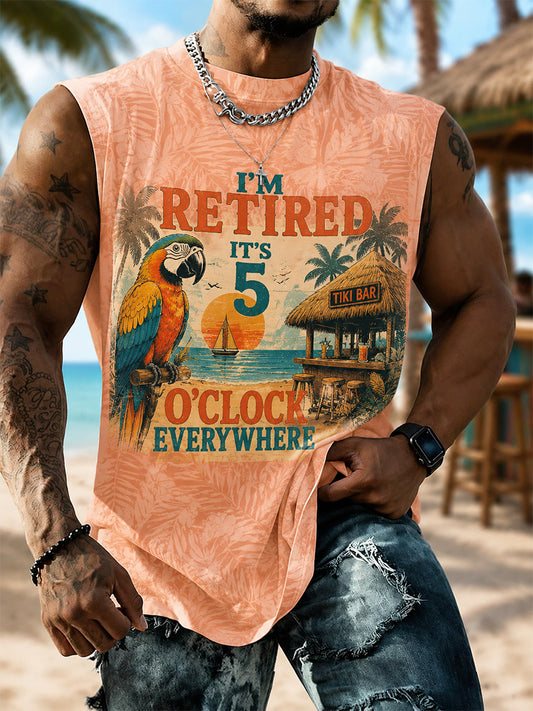 Men's I'm Retired It's 5 O'clock Everywhere Parrot Print Casual Shorts Vest