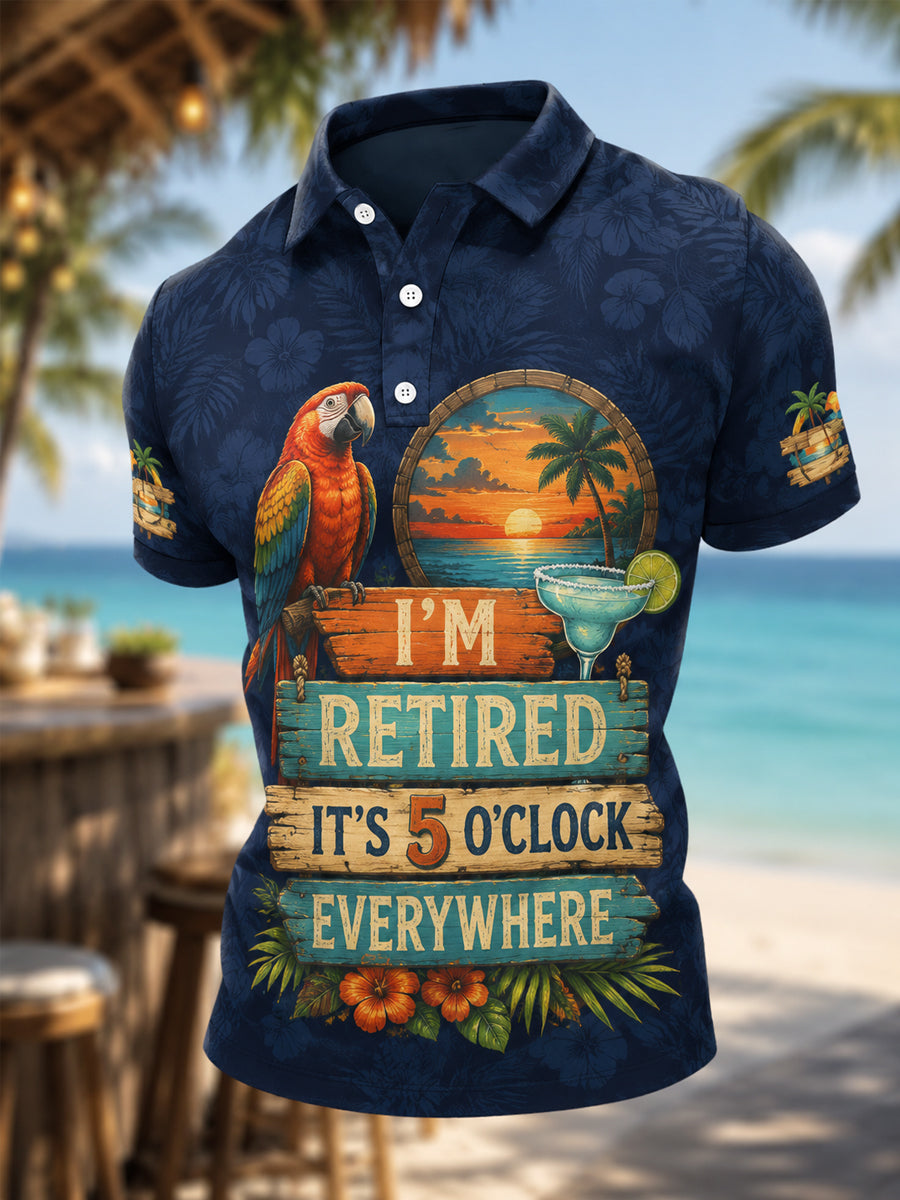 Men's I'm Retired It's 5 O'clock Everywhere Parrot Print Casual Polo