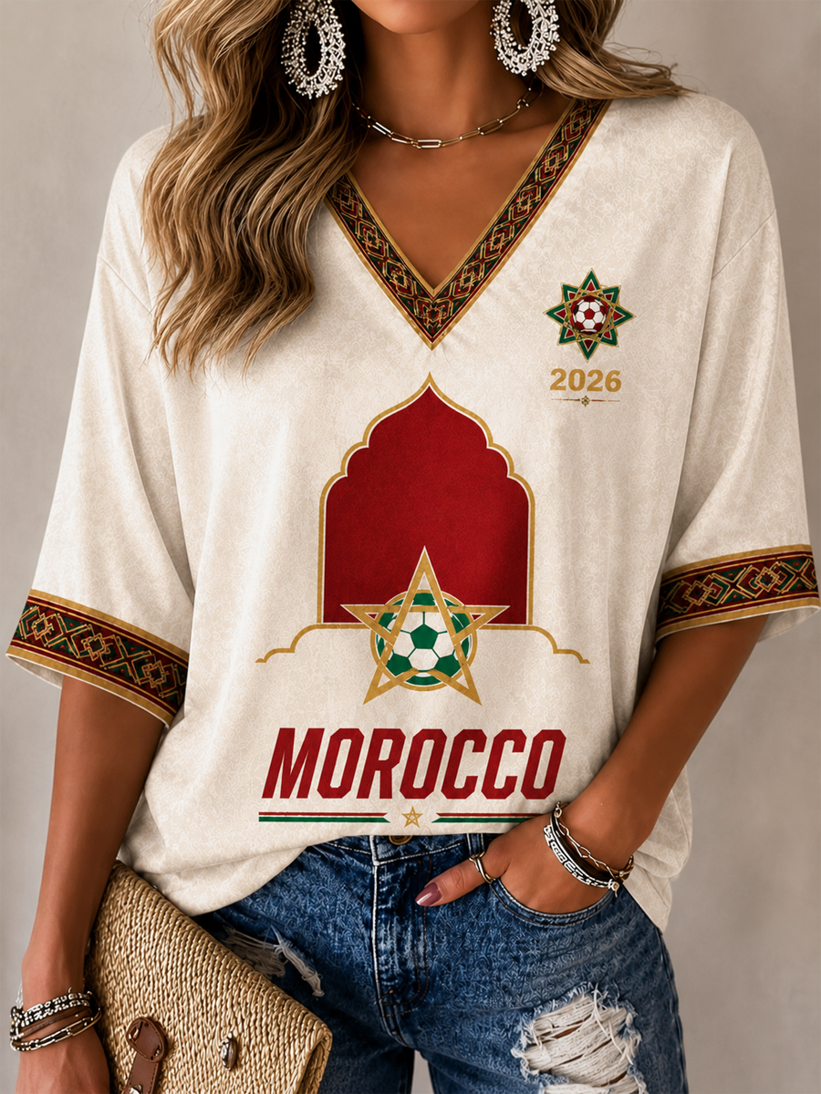 Women's MOROCCO Printed Mid-length Sleeves V-Neck T-Shirt