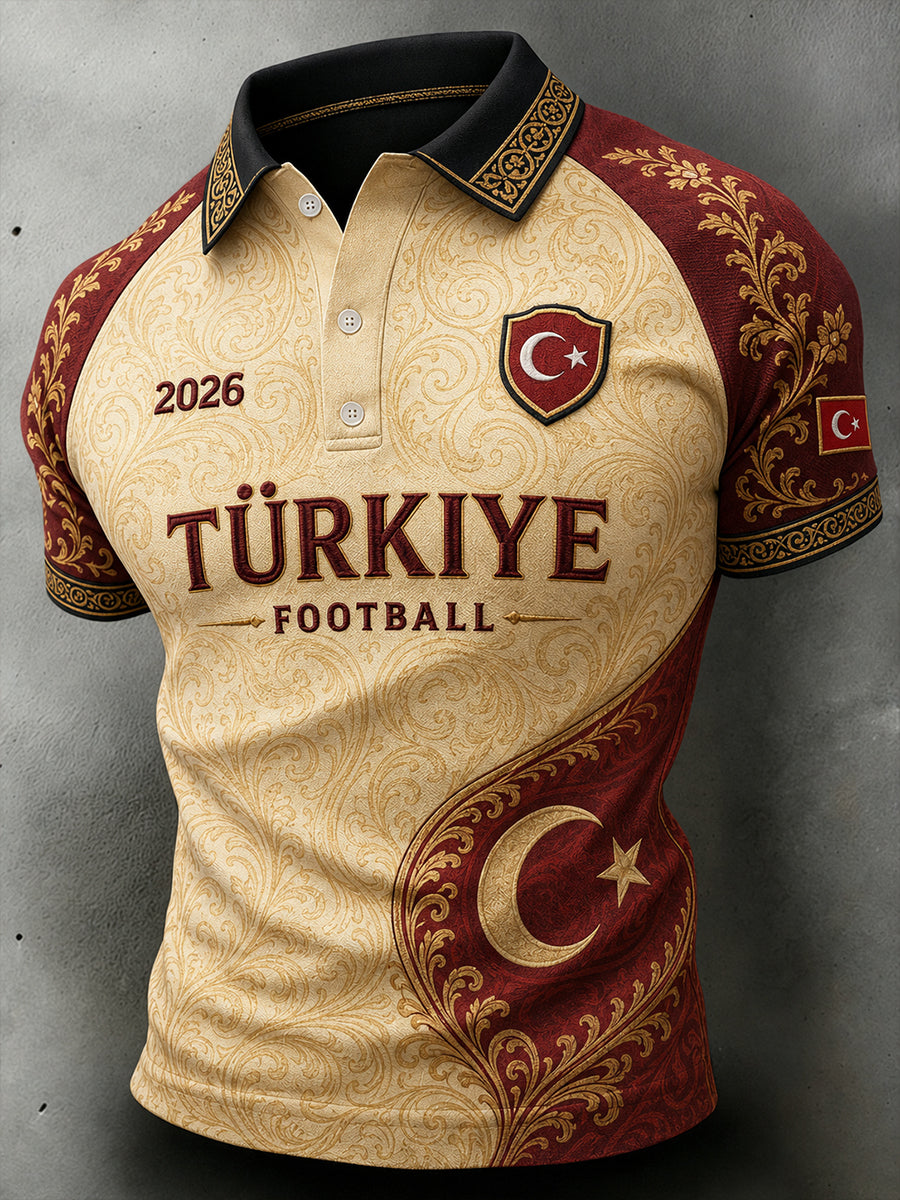 Men's Retro Ethnic Style Soccer Element Print Short-Sleeve Polo Shirt