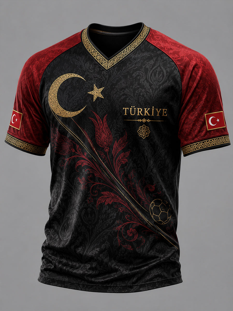 Men's Retro Ethnic Style Football Element Print V-Neck Short-Sleeve T-Shirt