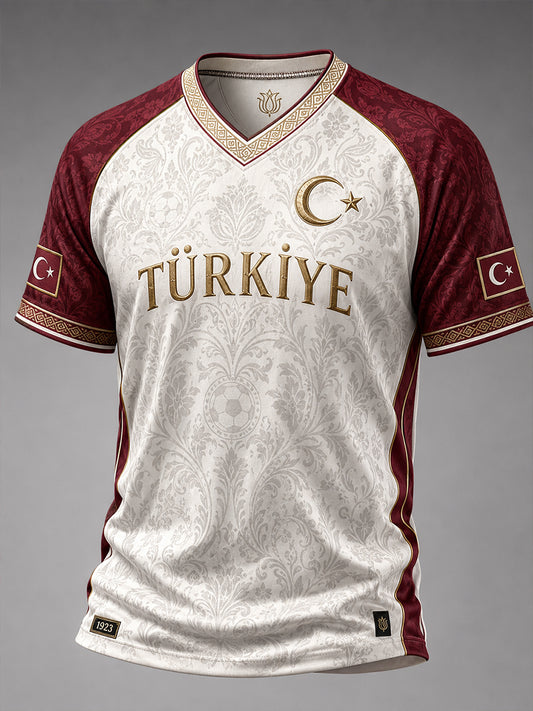 Men's Retro Ethnic Style Football Element Print V-Neck Short-Sleeve T-Shirt