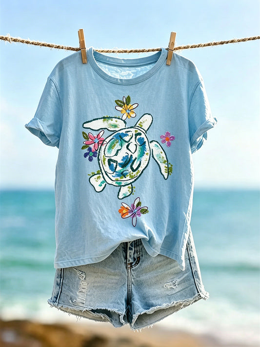 Women's Vintage Floral Sea Turtle Print Short-sleeved T-shirt