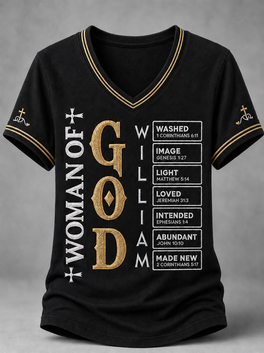 Women's Christian Woman Of God Print Casual V-Neck Tee