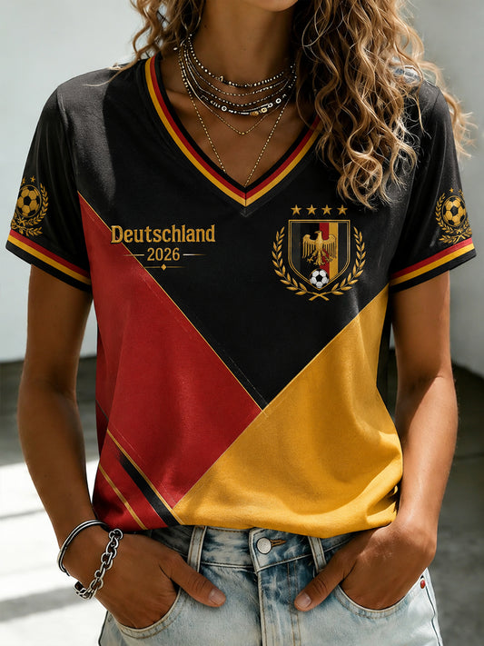 Women's Deutschland Football Fan Printed V-neck T-shirt