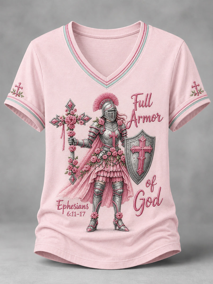 Women's Christian Full Armor Of God Print Casual V-Neck Tee