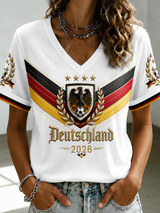 Women's Deutschland Football Fan Printed V-neck T-shirt