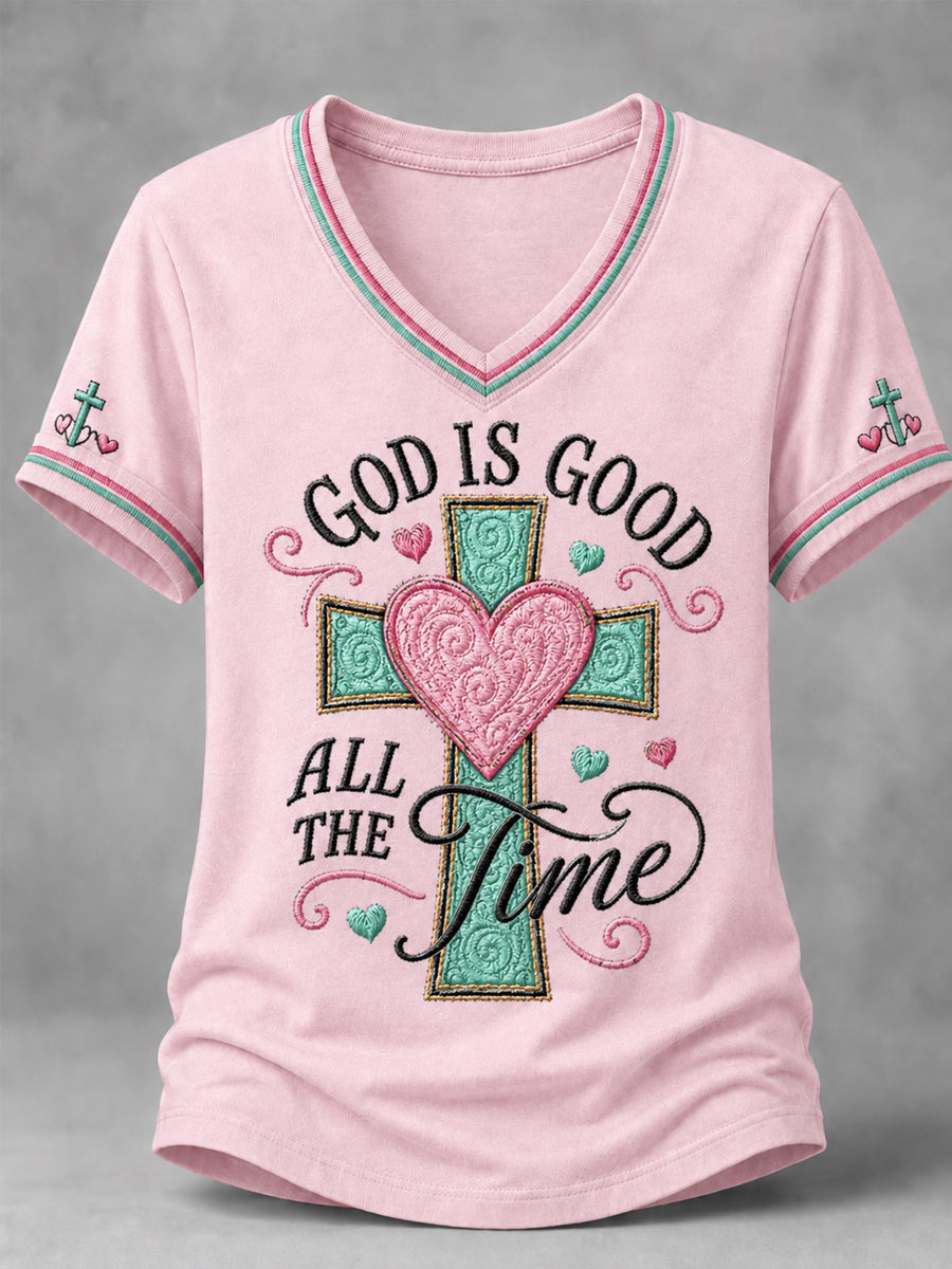 Women's God Is Good All The Time Cross Print Casual V-Neck Tee