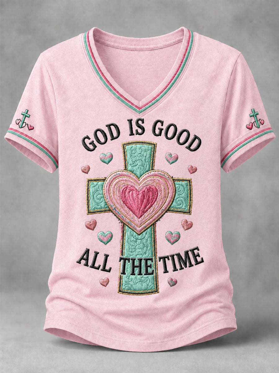 Women's God Is Good All The Time Cross Print Casual V-Neck Tee