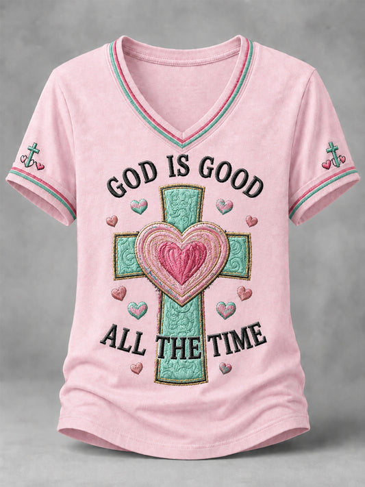 Women's God Is Good All The Time Cross Print Casual V-Neck Tee