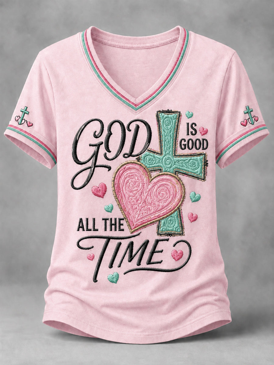 Women's God Is Good All The Time Cross Print Casual V-Neck Tee