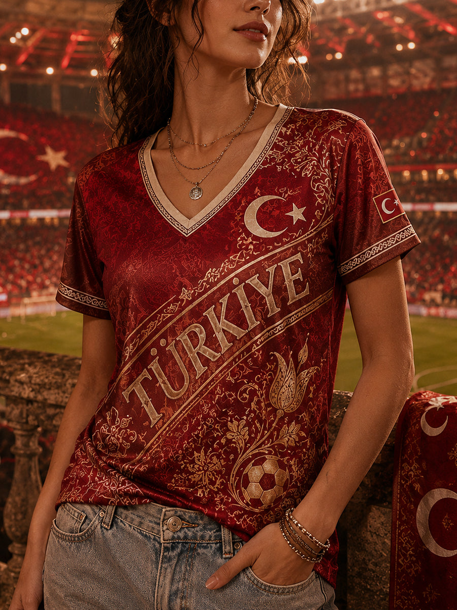 Women's Retro Ethnic Style Football Element Print V-Neck Short-Sleeve T-Shirt