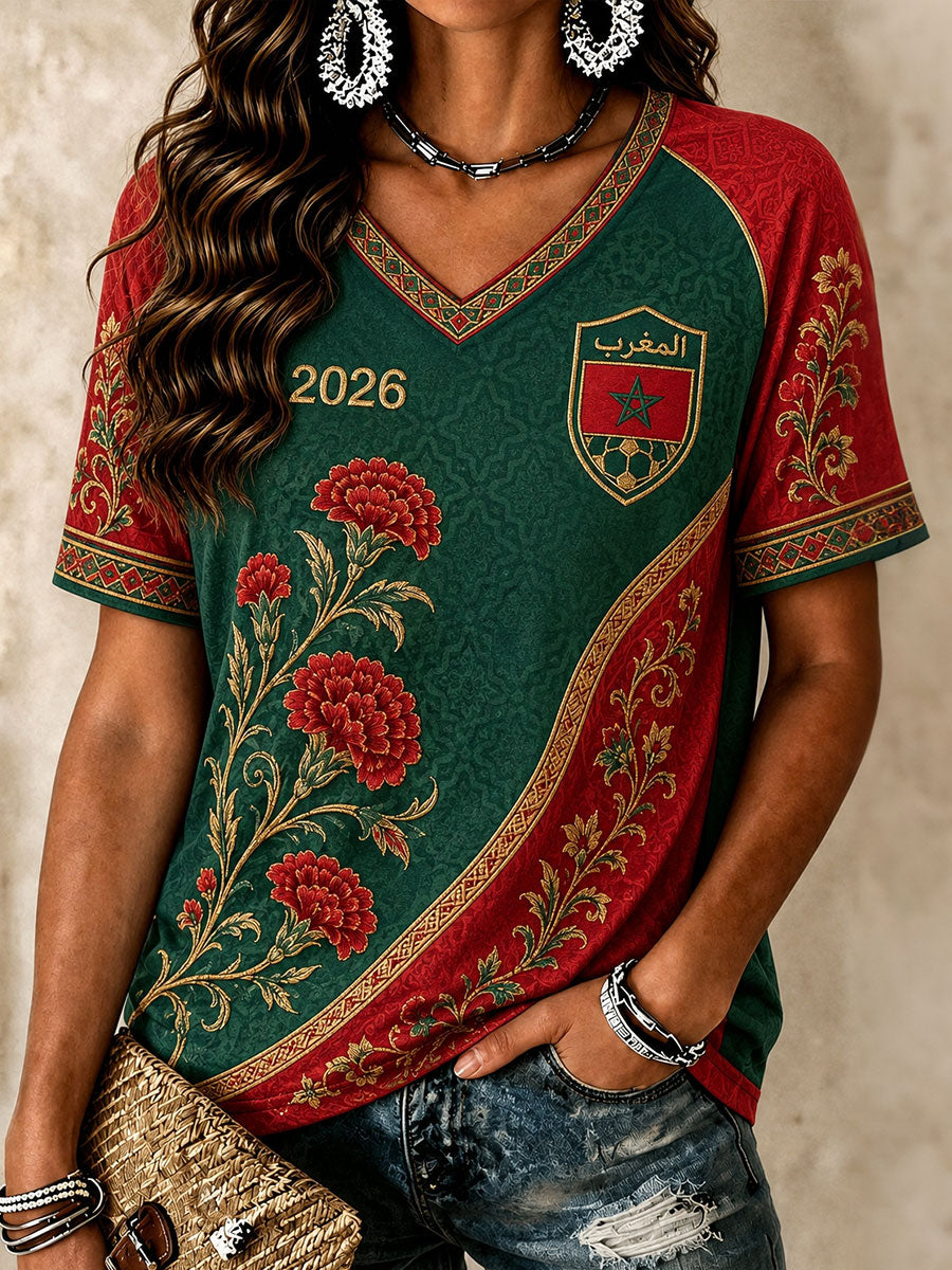 Women's 2026 Morocco Soccer V-Neck T-Shirts