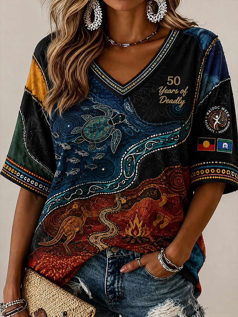 Women's Australia Naidoc Week Pattern Linen V-Neck Shirt