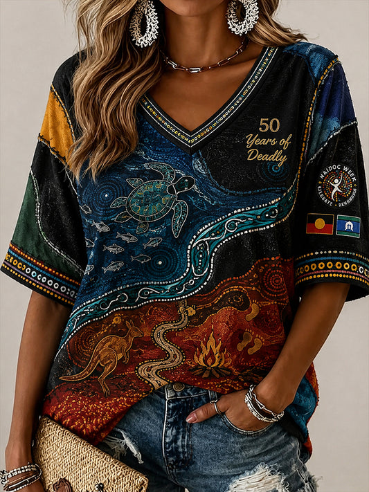 Women's Australia Naidoc Week Pattern Linen V-Neck Shirt