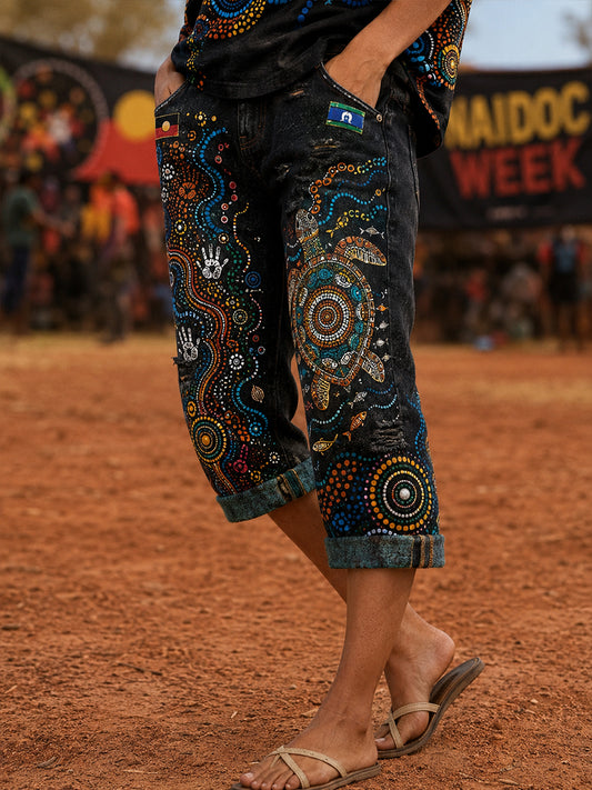 Women's Australia Naidoc Week  Pattern Denim Patchwork Capri Pants