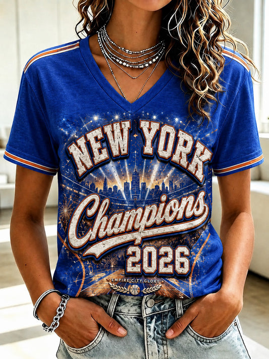 Women's New York Champions 2026 Printed V-neck T-shirt