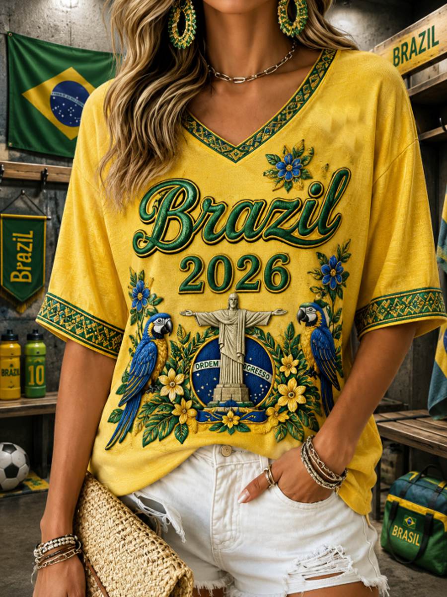Women's Mid-length Sleeves V-Neck T-Shirt
