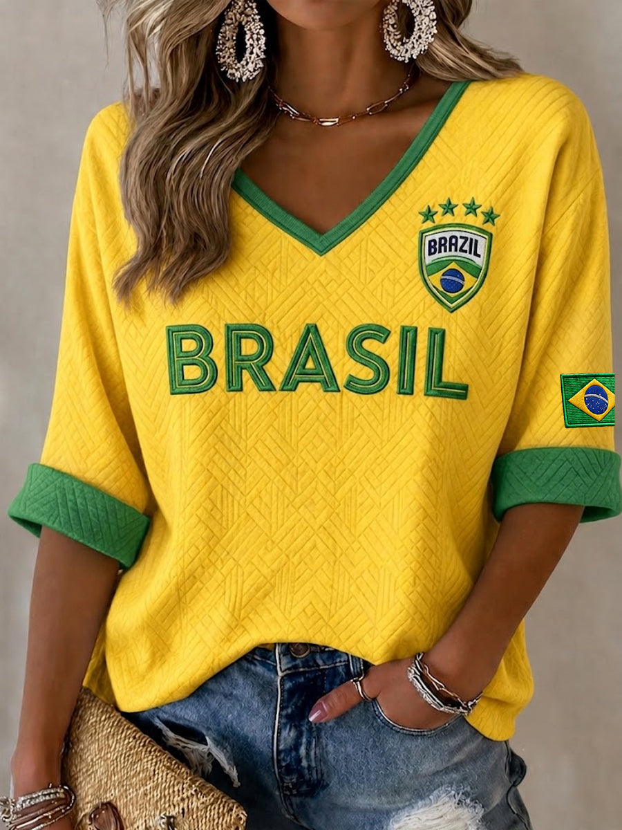 Women's Brazil Football Fan Gift  Mid-length Sleeves V-Neck T-Shirt