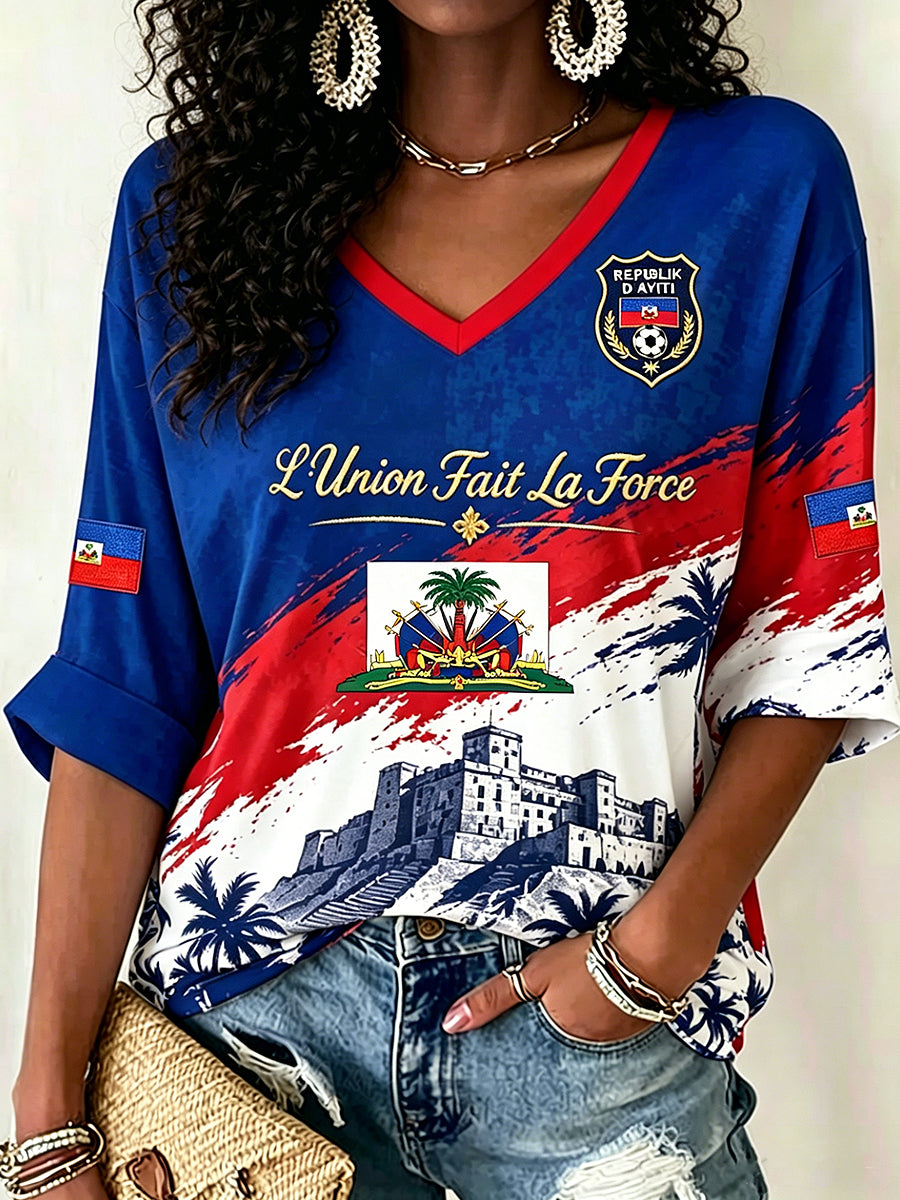 Women's V-neck Mid-Sleeve Haitian Football Printed Casual T-shirt