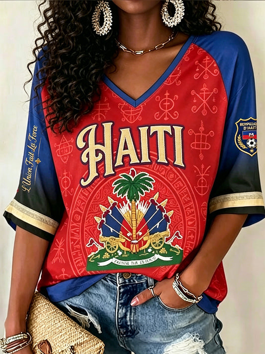 Women's V-neck Mid-Sleeve Haitian Football Printed Casual T-shirt