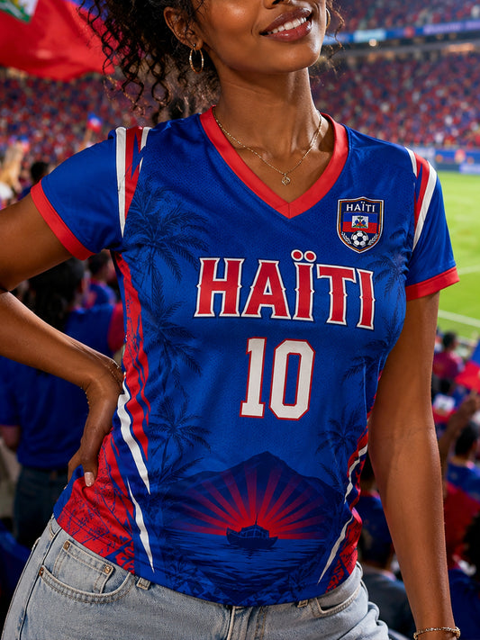 Women's Football-Themed Print V-Neck Short-Sleeve T-Shirt