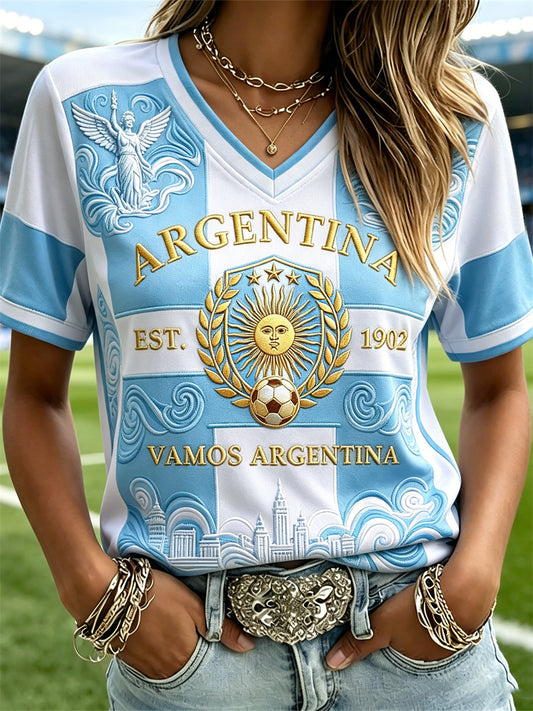 Women's Vamos Argentina Angel & Football Print Flag Colorblock short-sleeved T-shirt