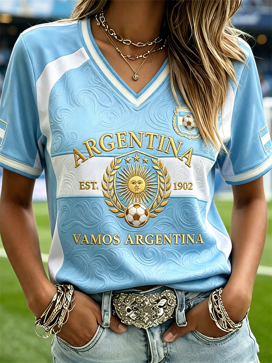 Women's Vamos Argentina Sun & Football Print Flag Colorblock short-sleeved T-shirt