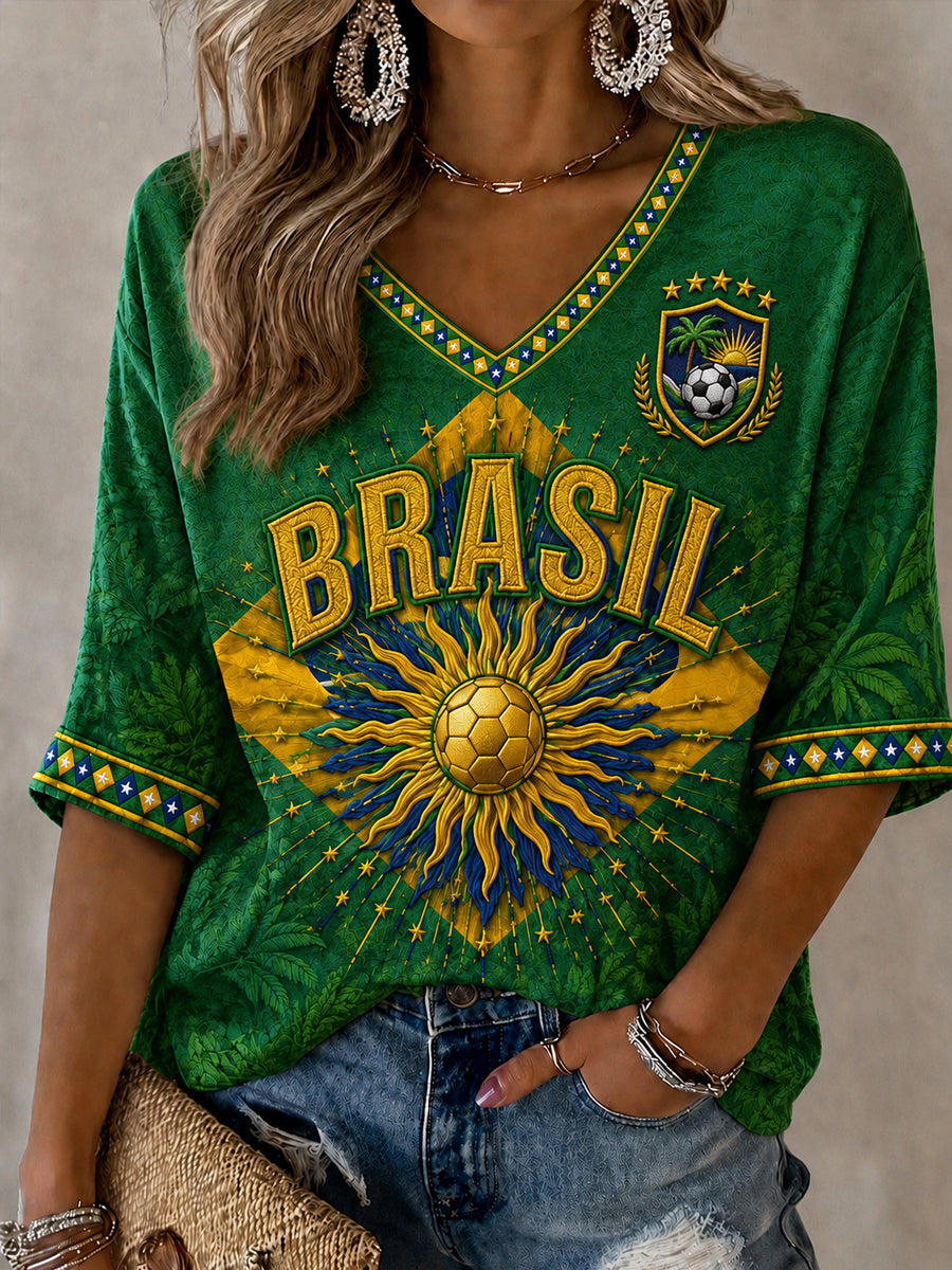 Women's Brazil Football Fan Gift Mid-length Sleeves V-Neck T-Shirt