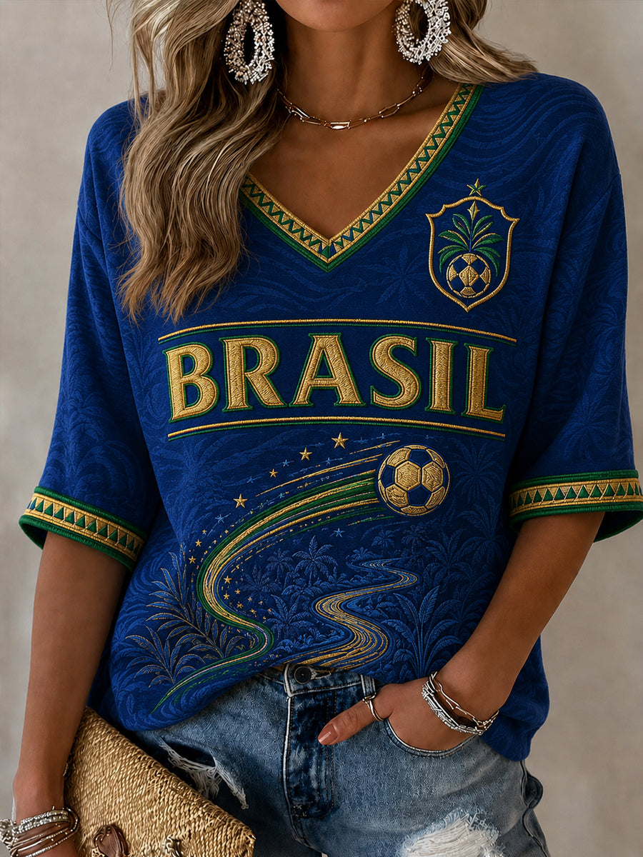 Women's Brazil Football Fan Gift Mid-length Sleeves V-Neck T-Shirt