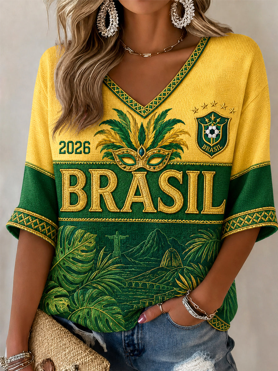 Women's Gift For Football Fans Print Casual Half-Sleeve V-Neck T-Shirt