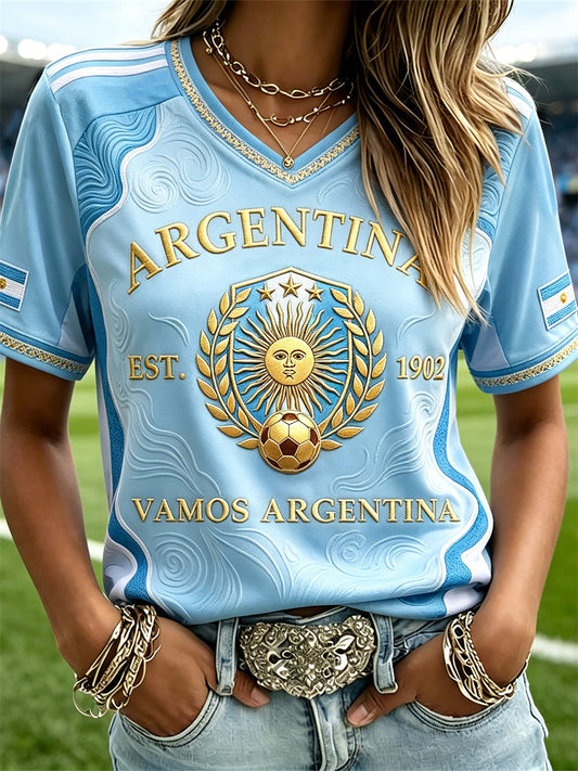 Women's Vamos Argentina Sun & Football Print Jersey short-sleeved T-shirt