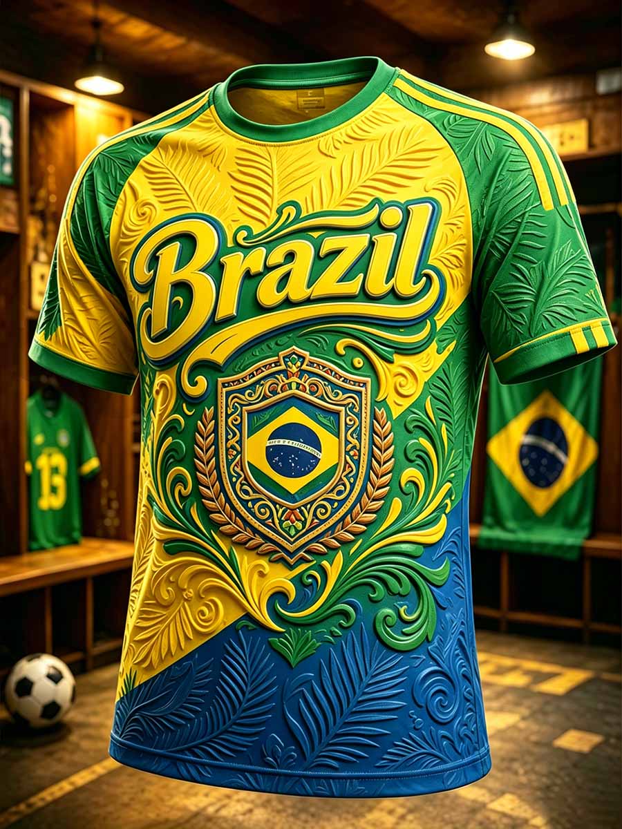Men's Brazilian Football Match Print T-Shirt