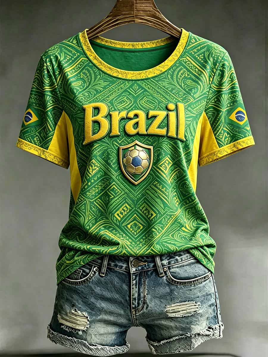 Women's Brazilian Football Match Printed T-Shirt