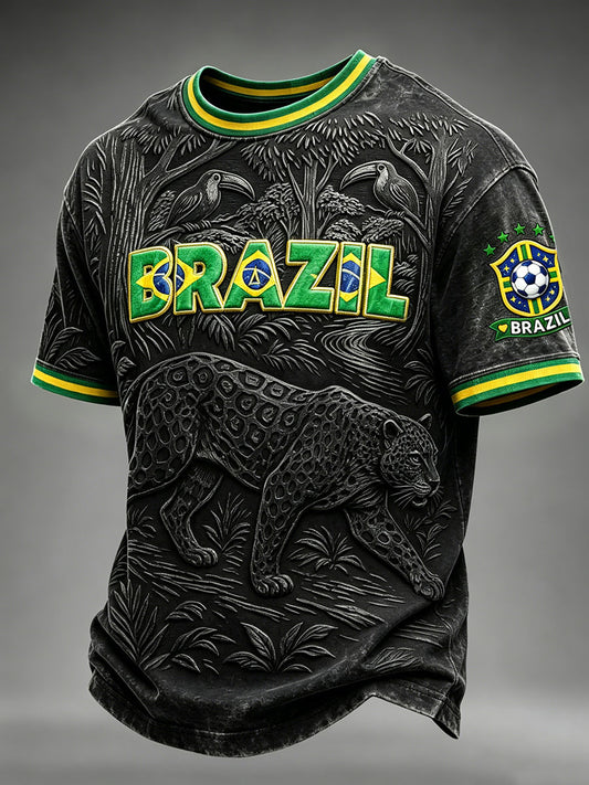 Men's Brazil Jaguar Art Football Print Short Sleeves T-shirt