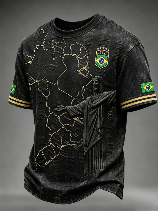 Men's Brazil Football Inspired Pattern Print Short Sleeves T-shirt