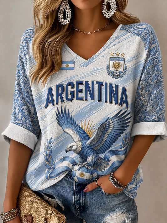 Women's Argentina Football Mid-length Sleeves V-Neck T-Shirt
