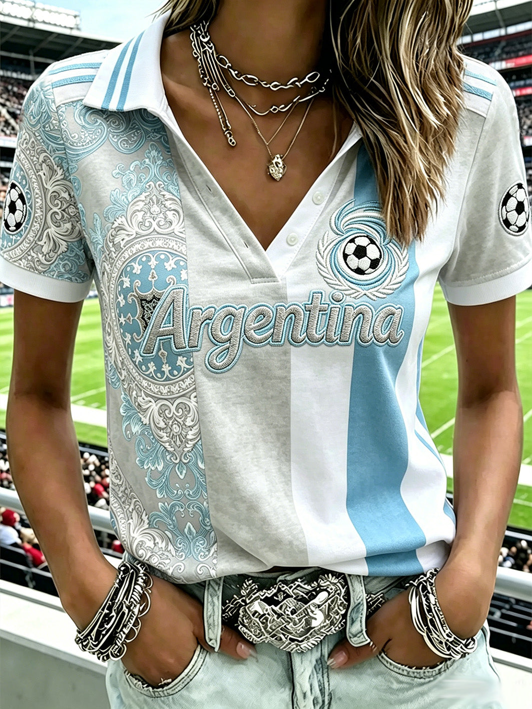Women's star football team cheering casual V-neck short-sleeved T-shirt